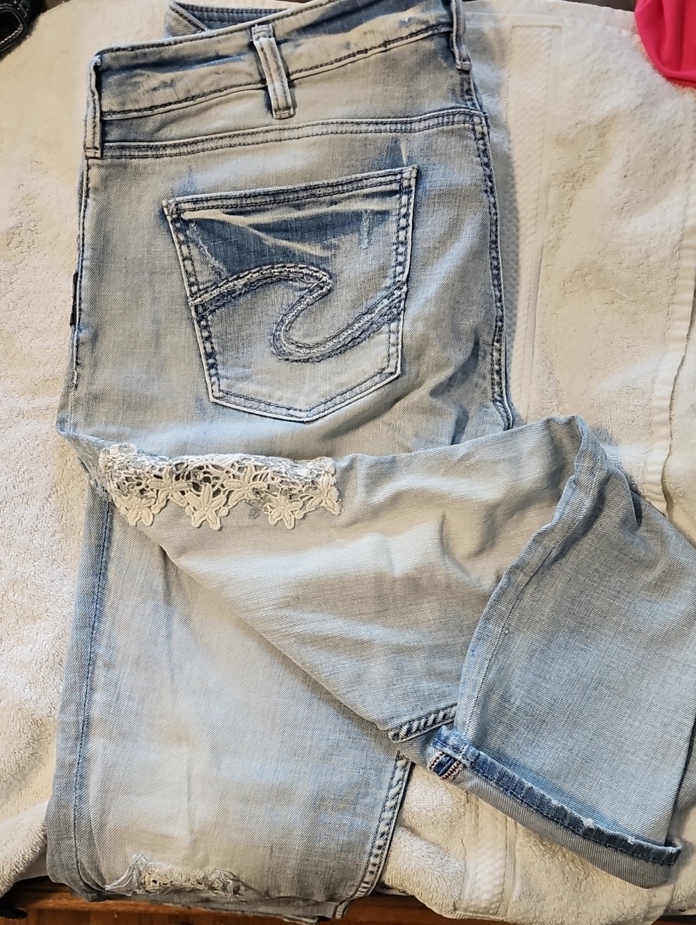Silver Jeans Light Blue Boyfriend Jeans with Lace Hem